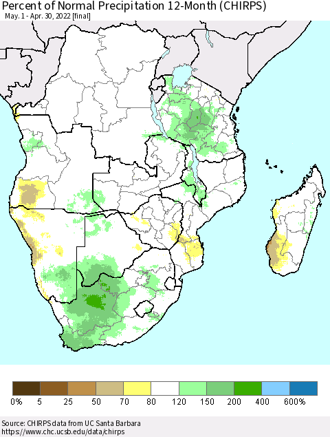 Southern Africa Percent of Normal Precipitation 12-Month (CHIRPS) Thematic Map For 5/1/2021 - 4/30/2022