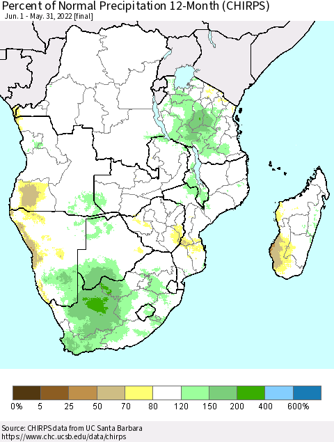 Southern Africa Percent of Normal Precipitation 12-Month (CHIRPS) Thematic Map For 6/1/2021 - 5/31/2022