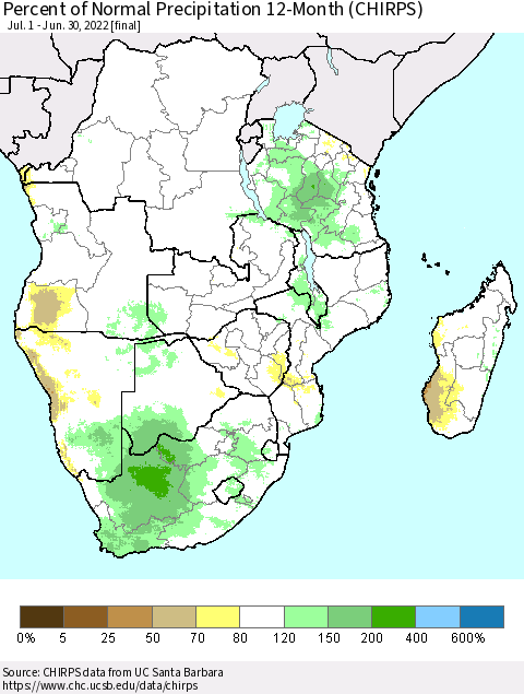 Southern Africa Percent of Normal Precipitation 12-Month (CHIRPS) Thematic Map For 7/1/2021 - 6/30/2022