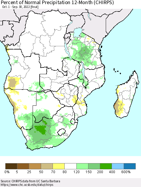Southern Africa Percent of Normal Precipitation 12-Month (CHIRPS) Thematic Map For 10/1/2021 - 9/30/2022