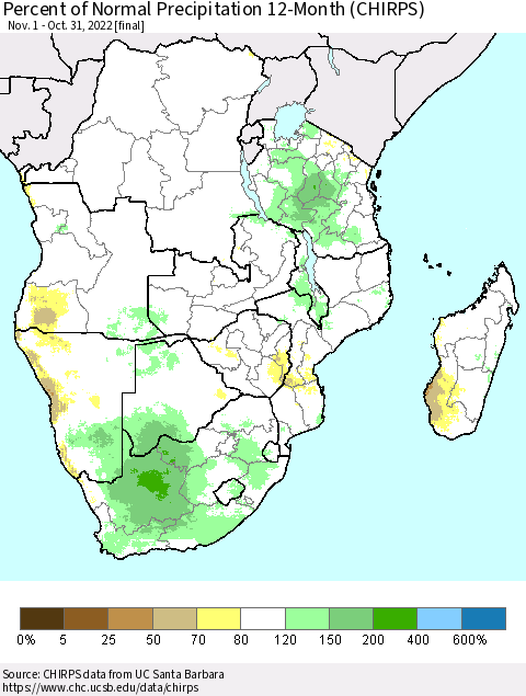 Southern Africa Percent of Normal Precipitation 12-Month (CHIRPS) Thematic Map For 11/1/2021 - 10/31/2022