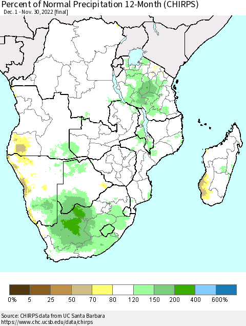 Southern Africa Percent of Normal Precipitation 12-Month (CHIRPS) Thematic Map For 12/1/2021 - 11/30/2022
