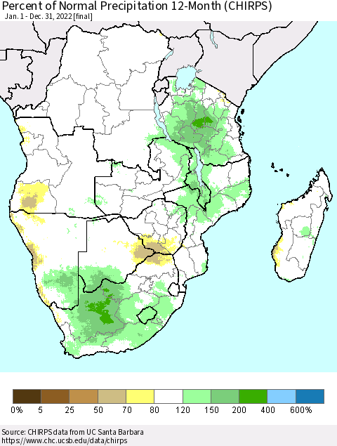 Southern Africa Percent of Normal Precipitation 12-Month (CHIRPS) Thematic Map For 1/1/2022 - 12/31/2022