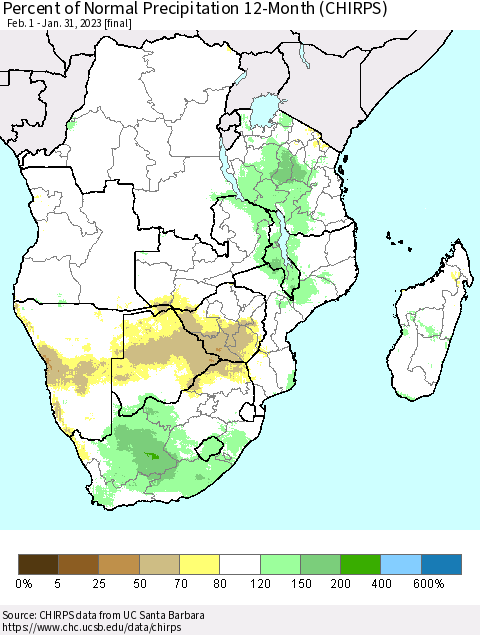 Southern Africa Percent of Normal Precipitation 12-Month (CHIRPS) Thematic Map For 2/1/2022 - 1/31/2023