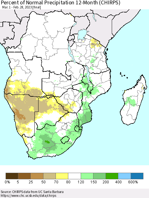 Southern Africa Percent of Normal Precipitation 12-Month (CHIRPS) Thematic Map For 3/1/2022 - 2/28/2023
