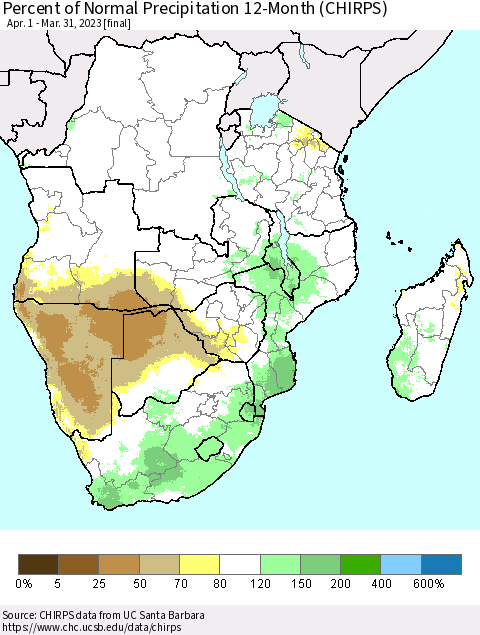 Southern Africa Percent of Normal Precipitation 12-Month (CHIRPS) Thematic Map For 4/1/2022 - 3/31/2023