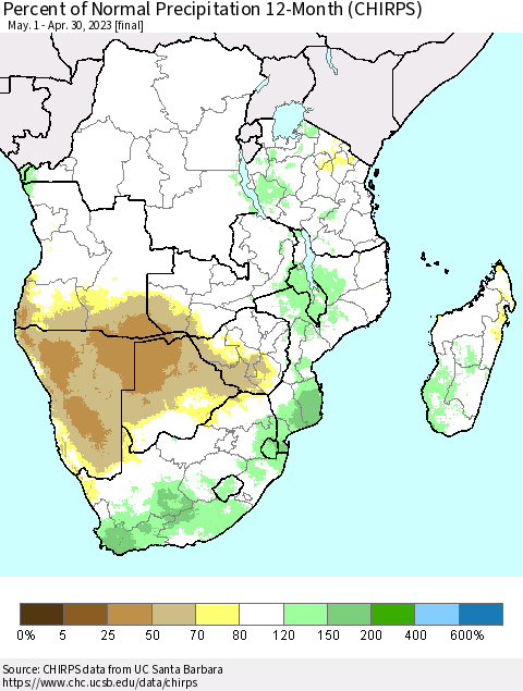 Southern Africa Percent of Normal Precipitation 12-Month (CHIRPS) Thematic Map For 5/1/2022 - 4/30/2023