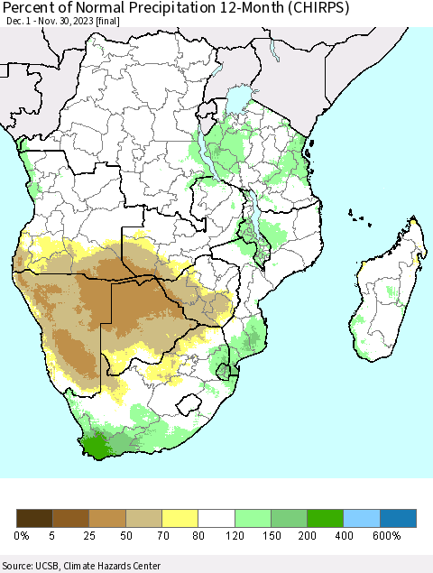 Southern Africa Percent of Normal Precipitation 12-Month (CHIRPS) Thematic Map For 12/1/2022 - 11/30/2023
