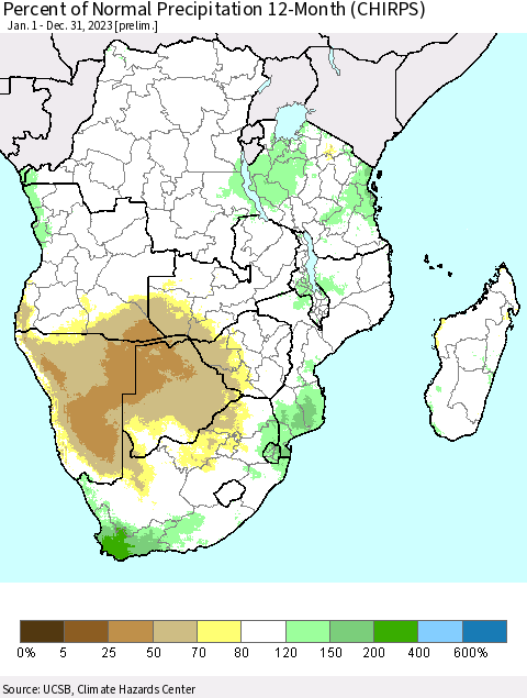 Southern Africa Percent of Normal Precipitation 12-Month (CHIRPS) Thematic Map For 1/1/2023 - 12/31/2023
