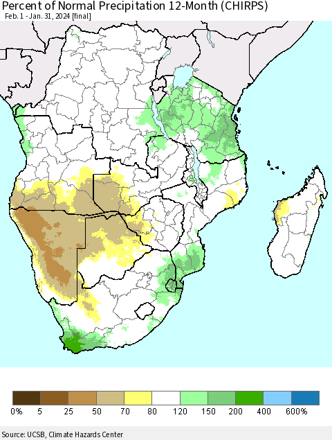 Southern Africa Percent of Normal Precipitation 12-Month (CHIRPS) Thematic Map For 2/1/2023 - 1/31/2024
