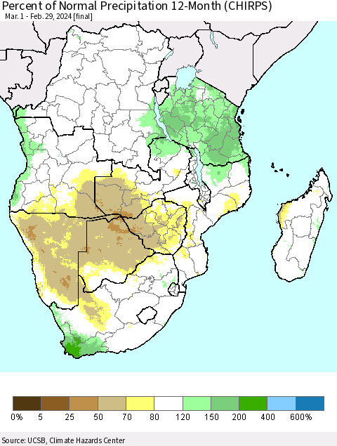 Southern Africa Percent of Normal Precipitation 12-Month (CHIRPS) Thematic Map For 3/1/2023 - 2/29/2024