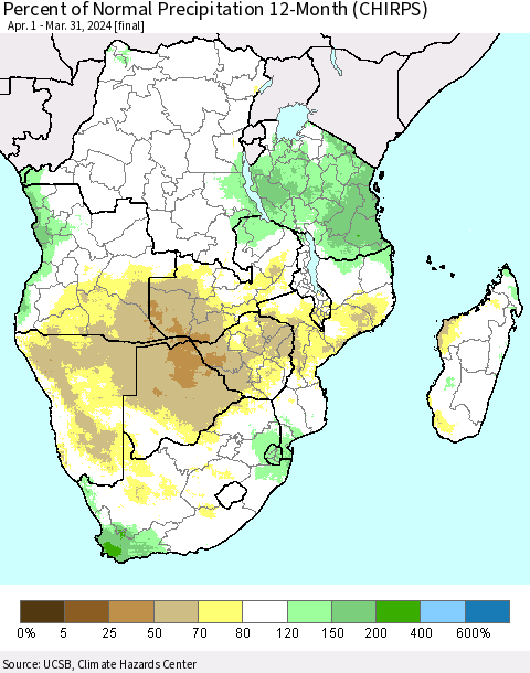 Southern Africa Percent of Normal Precipitation 12-Month (CHIRPS) Thematic Map For 4/1/2023 - 3/31/2024