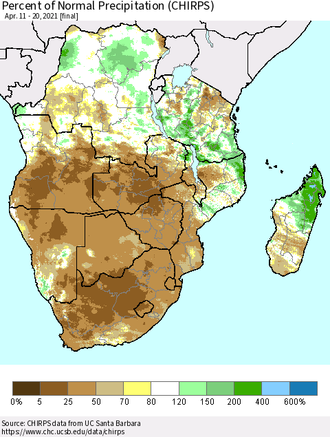 Southern Africa Percent of Normal Precipitation (CHIRPS) Thematic Map For 4/11/2021 - 4/20/2021