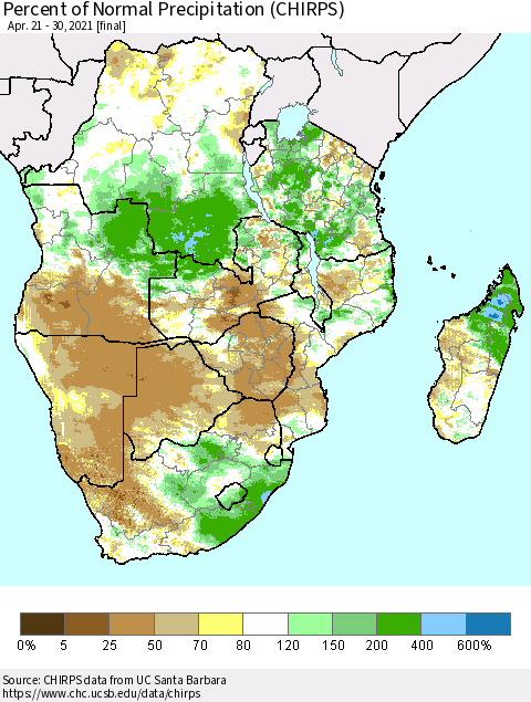 Southern Africa Percent of Normal Precipitation (CHIRPS) Thematic Map For 4/21/2021 - 4/30/2021