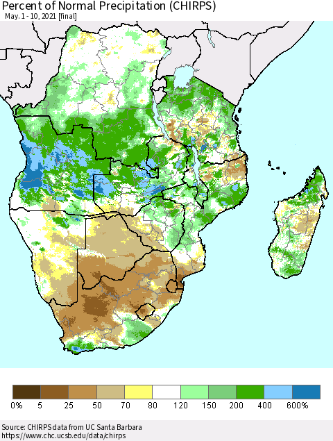 Southern Africa Percent of Normal Precipitation (CHIRPS) Thematic Map For 5/1/2021 - 5/10/2021