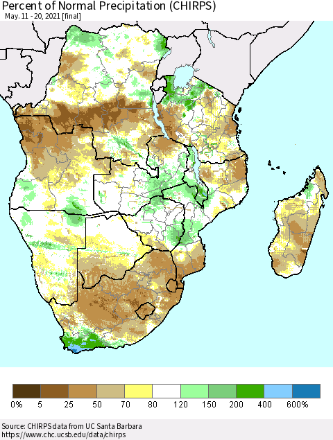 Southern Africa Percent of Normal Precipitation (CHIRPS) Thematic Map For 5/11/2021 - 5/20/2021