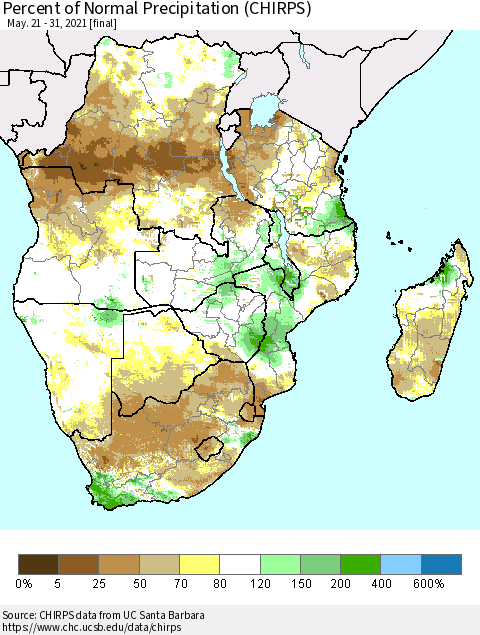 Southern Africa Percent of Normal Precipitation (CHIRPS) Thematic Map For 5/21/2021 - 5/31/2021