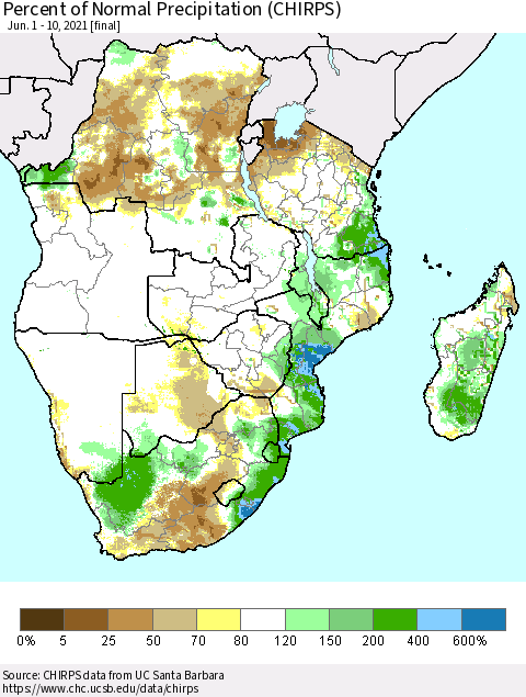 Southern Africa Percent of Normal Precipitation (CHIRPS) Thematic Map For 6/1/2021 - 6/10/2021