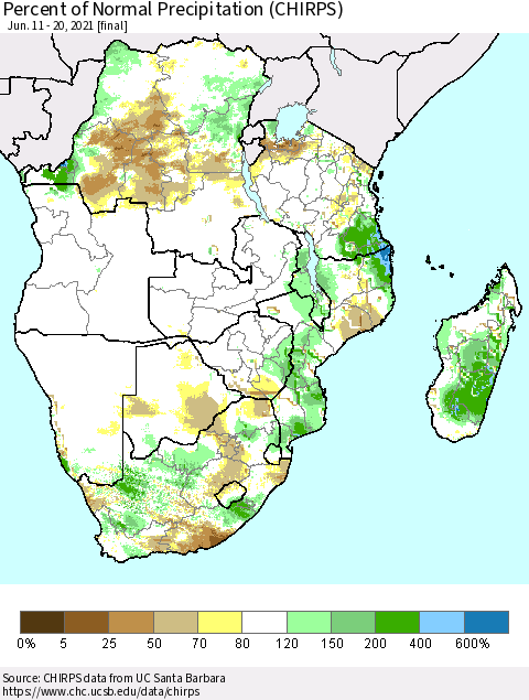 Southern Africa Percent of Normal Precipitation (CHIRPS) Thematic Map For 6/11/2021 - 6/20/2021