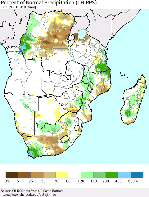 Southern Africa Percent of Normal Precipitation (CHIRPS) Thematic Map For 6/21/2021 - 6/30/2021