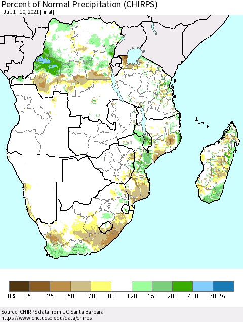 Southern Africa Percent of Normal Precipitation (CHIRPS) Thematic Map For 7/1/2021 - 7/10/2021
