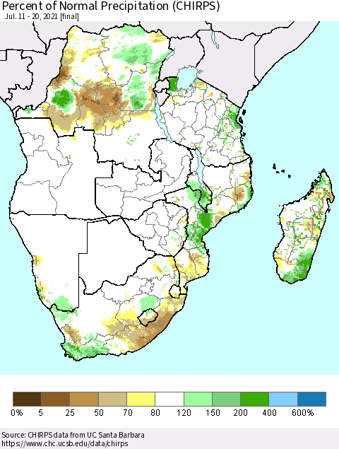 Southern Africa Percent of Normal Precipitation (CHIRPS) Thematic Map For 7/11/2021 - 7/20/2021