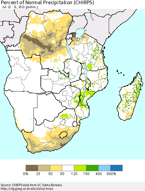 Southern Africa Percent of Normal Precipitation (CHIRPS) Thematic Map For 7/21/2021 - 7/31/2021