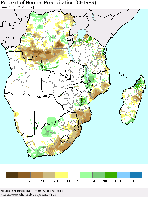Southern Africa Percent of Normal Precipitation (CHIRPS) Thematic Map For 8/1/2021 - 8/10/2021