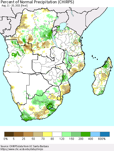 Southern Africa Percent of Normal Precipitation (CHIRPS) Thematic Map For 8/11/2021 - 8/20/2021
