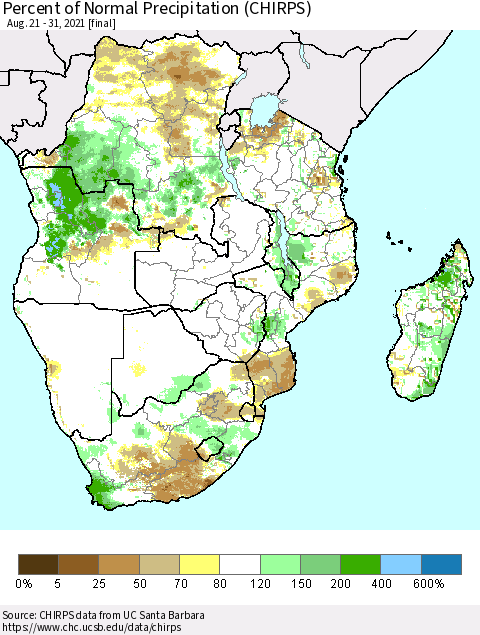 Southern Africa Percent of Normal Precipitation (CHIRPS) Thematic Map For 8/21/2021 - 8/31/2021