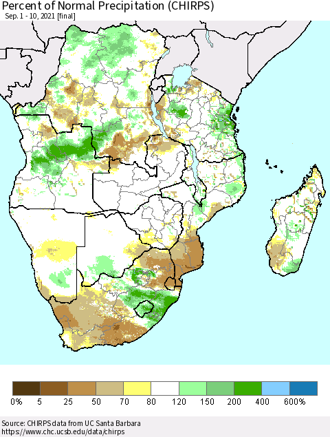 Southern Africa Percent of Normal Precipitation (CHIRPS) Thematic Map For 9/1/2021 - 9/10/2021