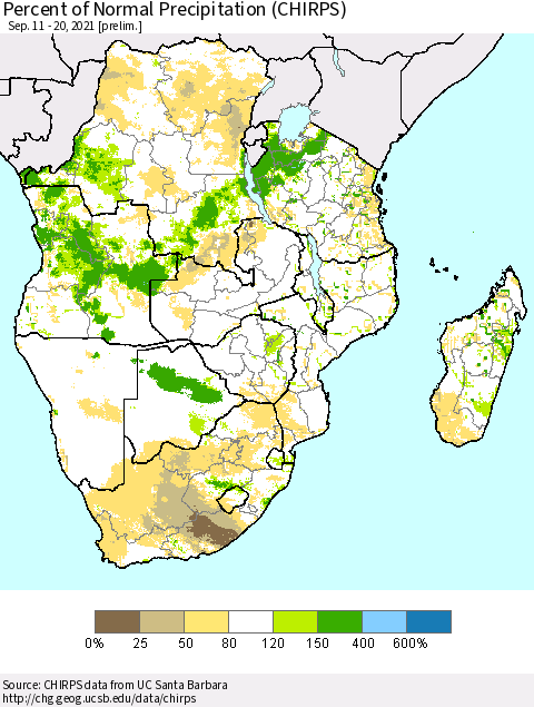 Southern Africa Percent of Normal Precipitation (CHIRPS) Thematic Map For 9/11/2021 - 9/20/2021