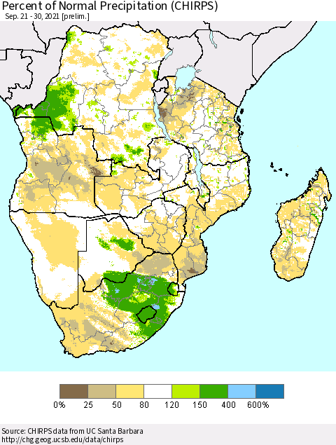 Southern Africa Percent of Normal Precipitation (CHIRPS) Thematic Map For 9/21/2021 - 9/30/2021