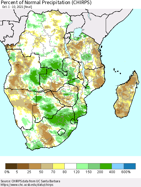 Southern Africa Percent of Normal Precipitation (CHIRPS) Thematic Map For 10/1/2021 - 10/10/2021