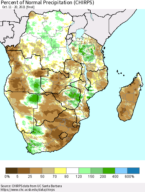 Southern Africa Percent of Normal Precipitation (CHIRPS) Thematic Map For 10/11/2021 - 10/20/2021