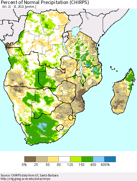 Southern Africa Percent of Normal Precipitation (CHIRPS) Thematic Map For 10/21/2021 - 10/31/2021