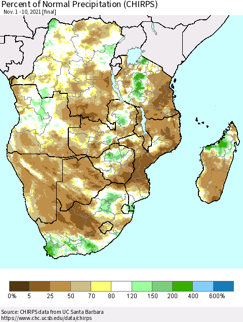 Southern Africa Percent of Normal Precipitation (CHIRPS) Thematic Map For 11/1/2021 - 11/10/2021