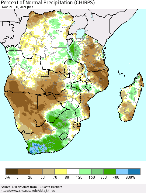 Southern Africa Percent of Normal Precipitation (CHIRPS) Thematic Map For 11/21/2021 - 11/30/2021