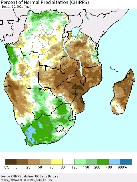 Southern Africa Percent of Normal Precipitation (CHIRPS) Thematic Map For 12/1/2021 - 12/10/2021