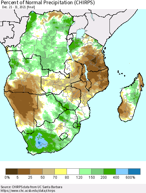 Southern Africa Percent of Normal Precipitation (CHIRPS) Thematic Map For 12/21/2021 - 12/31/2021