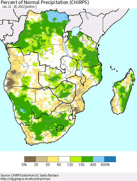 Southern Africa Percent of Normal Precipitation (CHIRPS) Thematic Map For 1/11/2022 - 1/20/2022