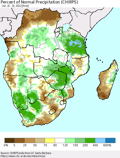 Southern Africa Percent of Normal Precipitation (CHIRPS) Thematic Map For 1/21/2022 - 1/31/2022