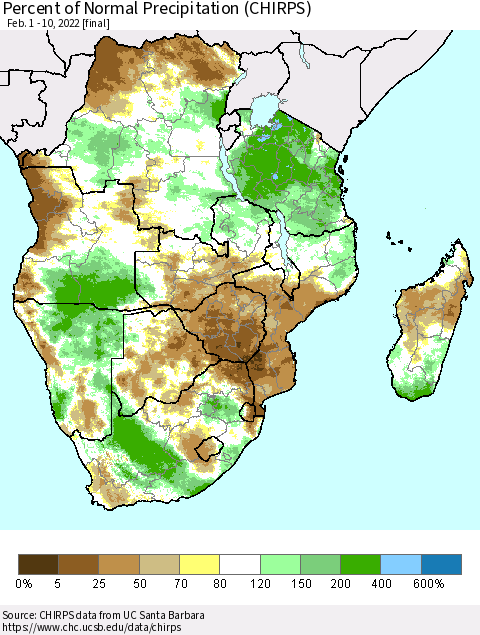 Southern Africa Percent of Normal Precipitation (CHIRPS) Thematic Map For 2/1/2022 - 2/10/2022