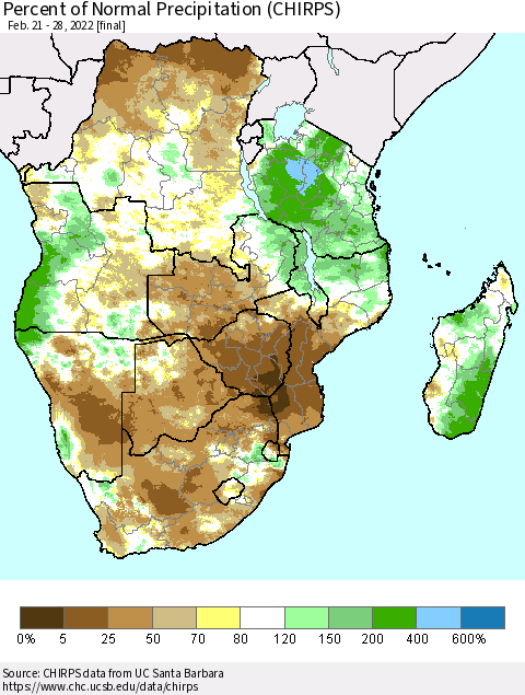 Southern Africa Percent of Normal Precipitation (CHIRPS) Thematic Map For 2/21/2022 - 2/28/2022