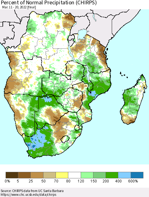 Southern Africa Percent of Normal Precipitation (CHIRPS) Thematic Map For 3/11/2022 - 3/20/2022