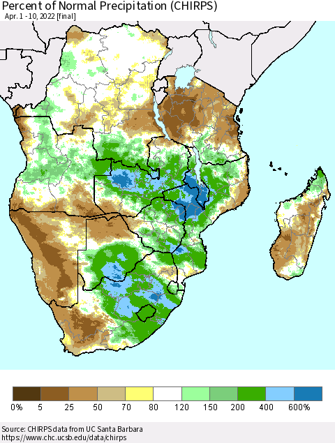 Southern Africa Percent of Normal Precipitation (CHIRPS) Thematic Map For 4/1/2022 - 4/10/2022