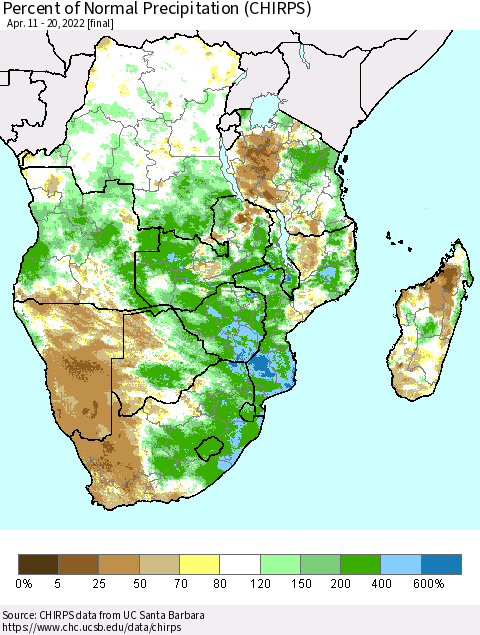Southern Africa Percent of Normal Precipitation (CHIRPS) Thematic Map For 4/11/2022 - 4/20/2022
