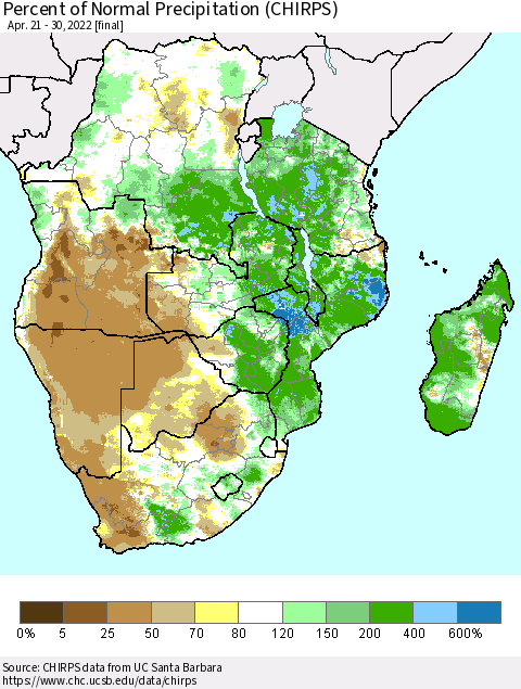 Southern Africa Percent of Normal Precipitation (CHIRPS) Thematic Map For 4/21/2022 - 4/30/2022