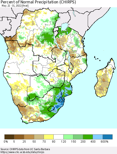 Southern Africa Percent of Normal Precipitation (CHIRPS) Thematic Map For 5/21/2022 - 5/31/2022