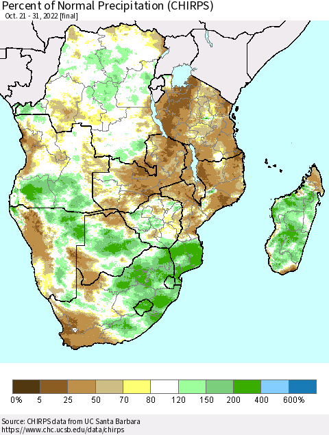 Southern Africa Percent of Normal Precipitation (CHIRPS) Thematic Map For 10/21/2022 - 10/31/2022